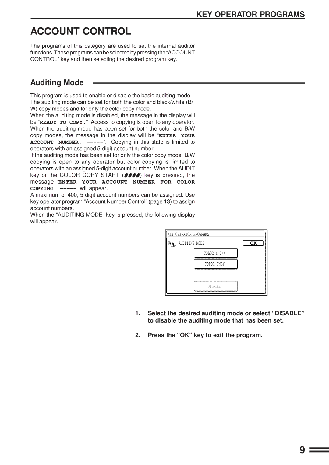 Sharp AR-C160 manual Account Control, Auditing Mode, Press the OK key to exit the program 