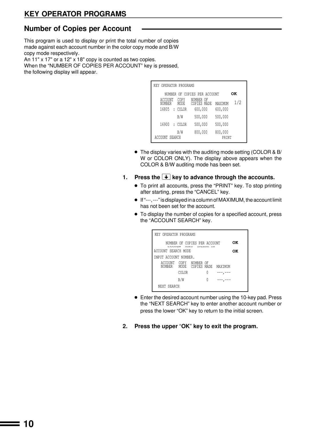 Sharp AR-C160 manual Number of Copies per Account, Press the key to advance through the accounts 