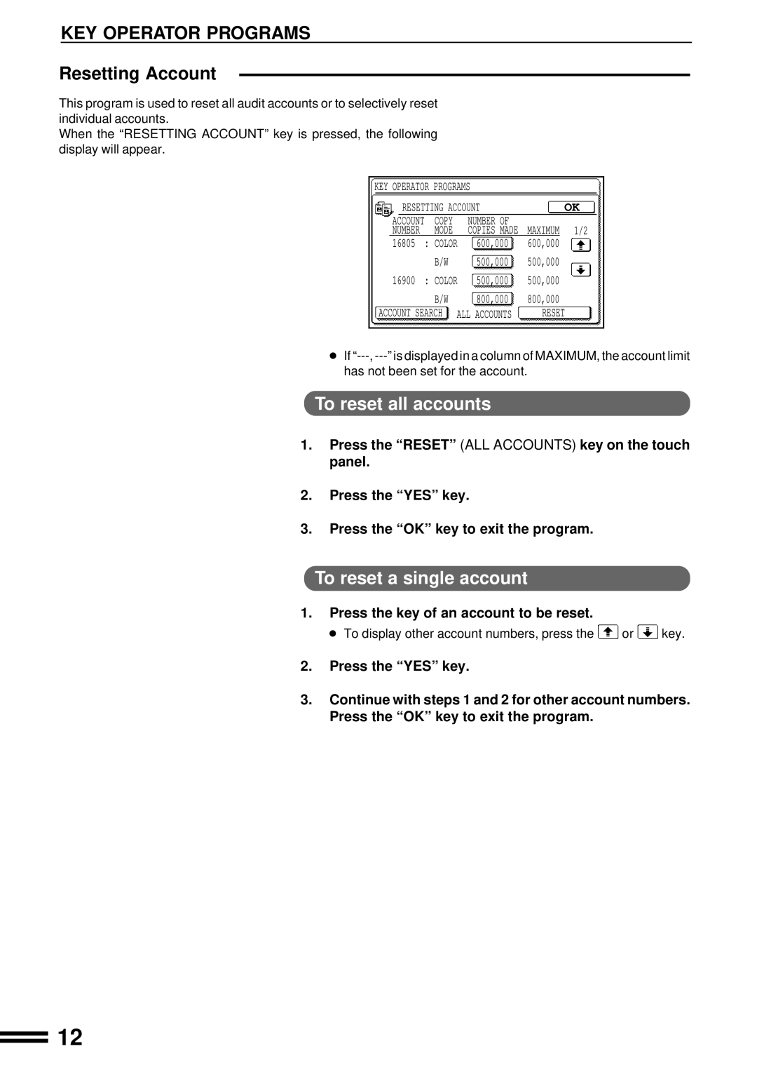 Sharp AR-C160 Resetting Account, To reset all accounts, To reset a single account, Press the key of an account to be reset 