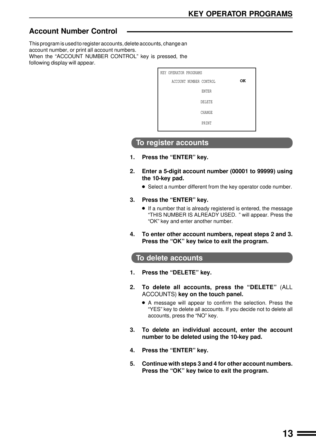 Sharp AR-C160 manual Account Number Control, To register accounts, To delete accounts, Press the Enter key 