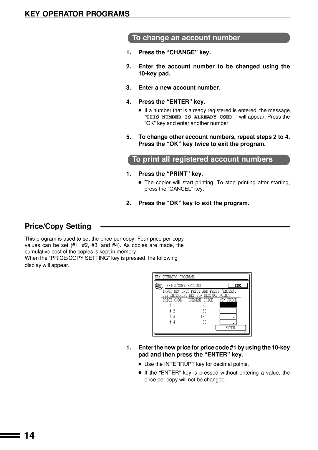 Sharp AR-C160 manual To change an account number, To print all registered account numbers, Price/Copy Setting 