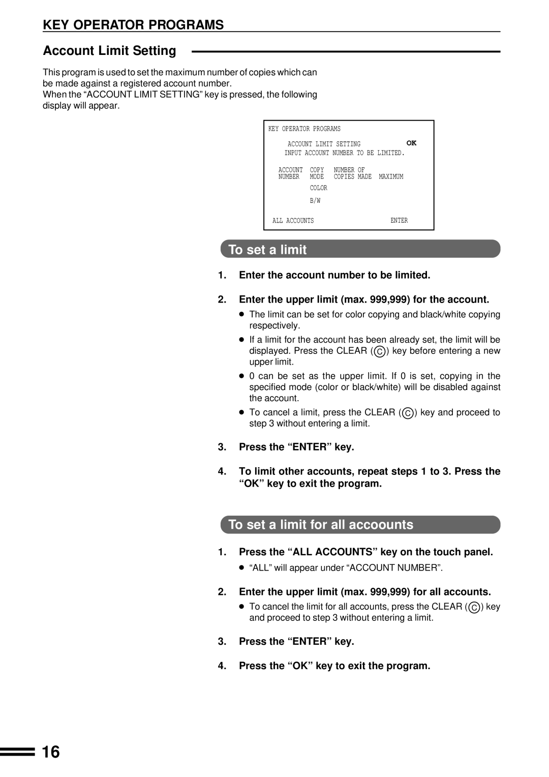 Sharp AR-C160 manual Account Limit Setting, To set a limit for all accoounts 