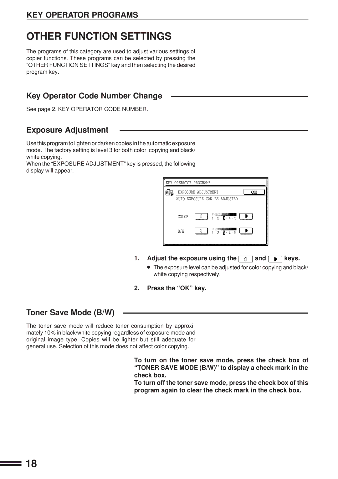 Sharp AR-C160 manual Other Function Settings, Key Operator Code Number Change, Exposure Adjustment, Toner Save Mode B/W 