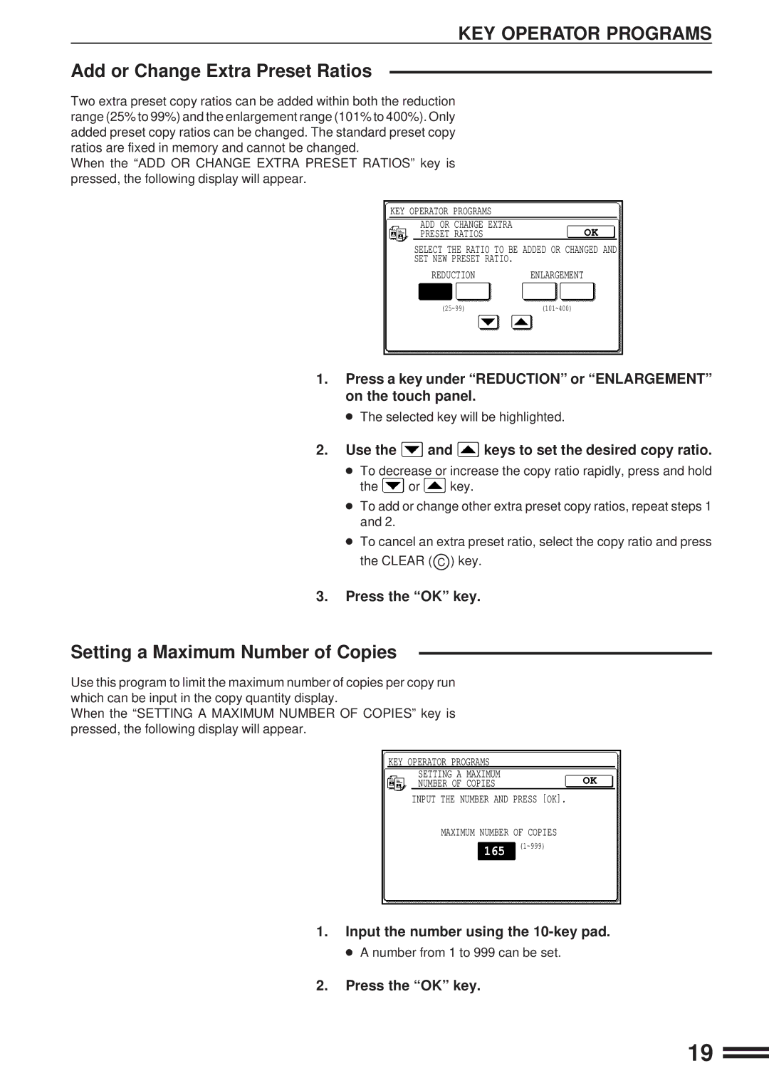 Sharp AR-C160 Add or Change Extra Preset Ratios, Setting a Maximum Number of Copies, Input the number using the 10-key pad 