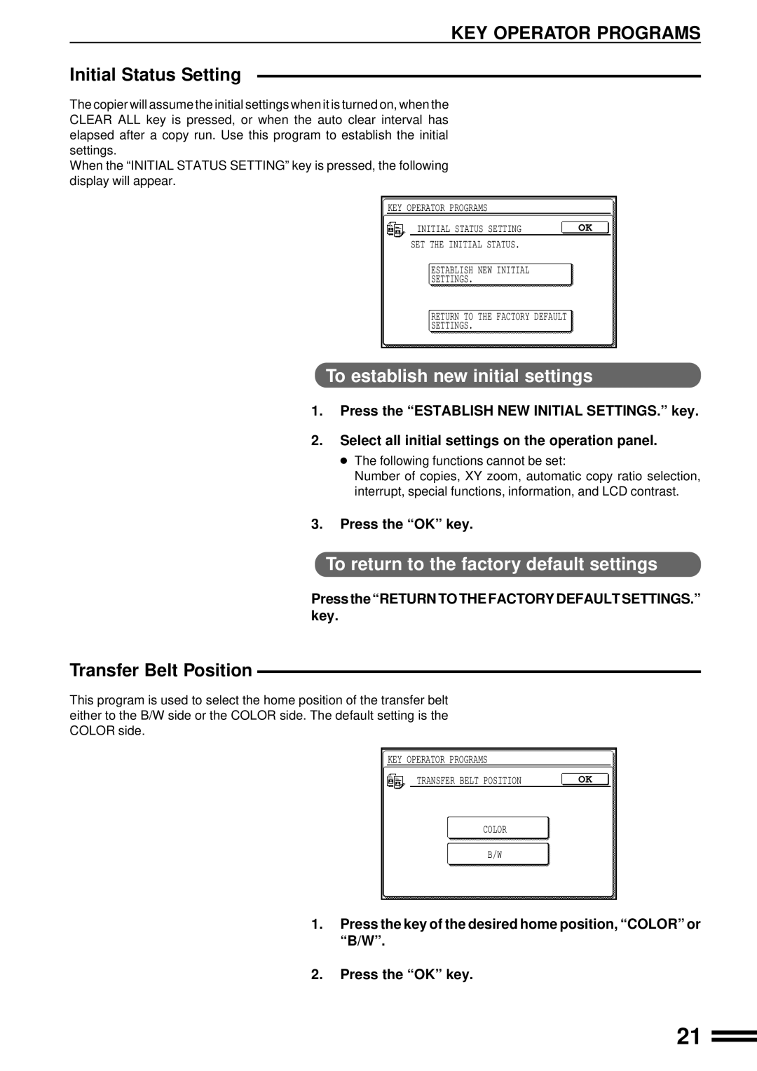 Sharp AR-C160 manual Initial Status Setting, To establish new initial settings, To return to the factory default settings 