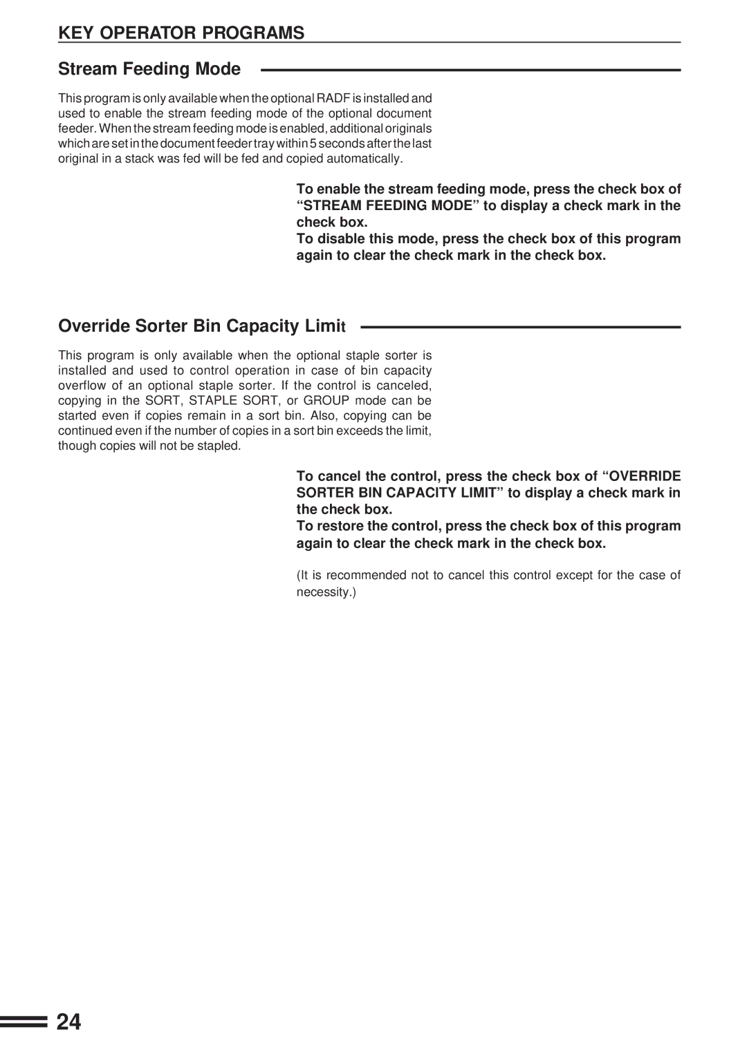 Sharp AR-C160 manual Stream Feeding Mode, Override Sorter Bin Capacity Limit 