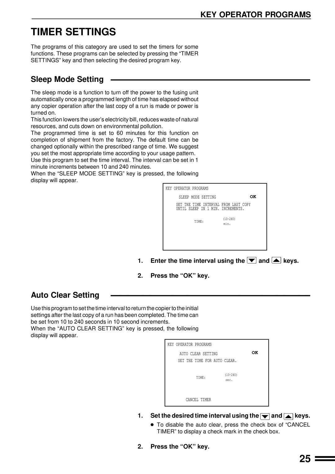 Sharp AR-C160 Timer Settings, Sleep Mode Setting, Auto Clear Setting, Enter the time interval using Keys Press the OK key 