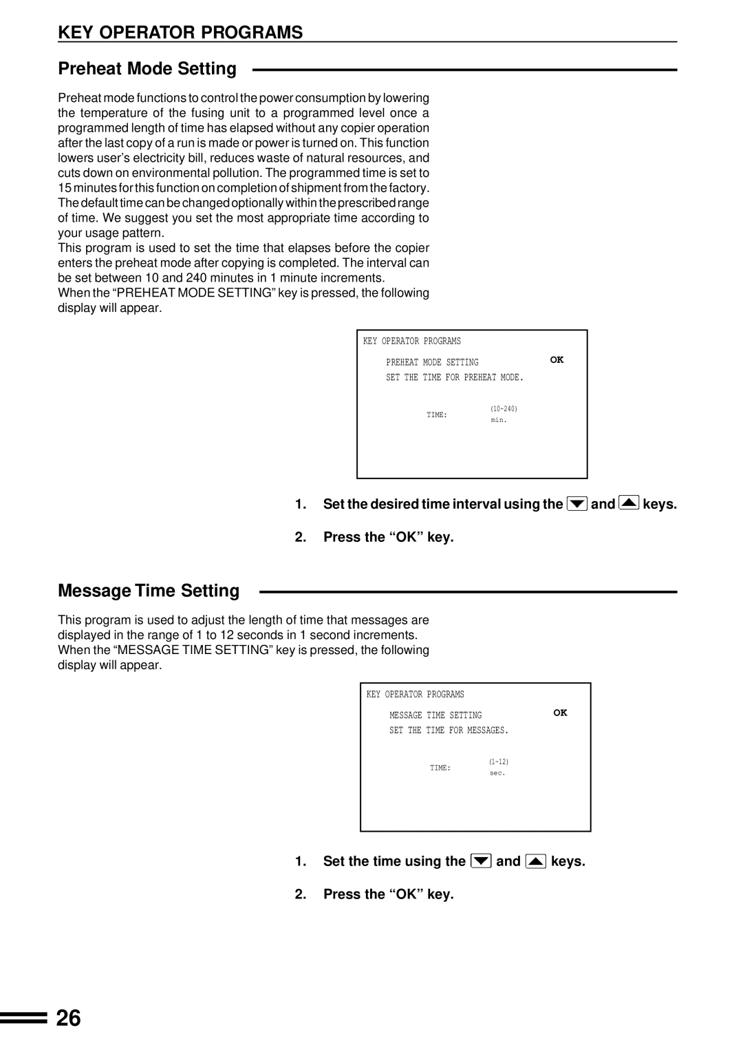 Sharp AR-C160 manual Preheat Mode Setting, Message Time Setting, Set the time using the and keys Press the OK key 