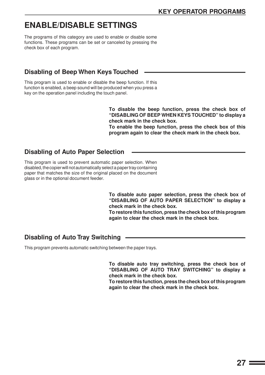 Sharp AR-C160 manual ENABLE/DISABLE Settings, Disabling of Beep When Keys Touched, Disabling of Auto Paper Selection 
