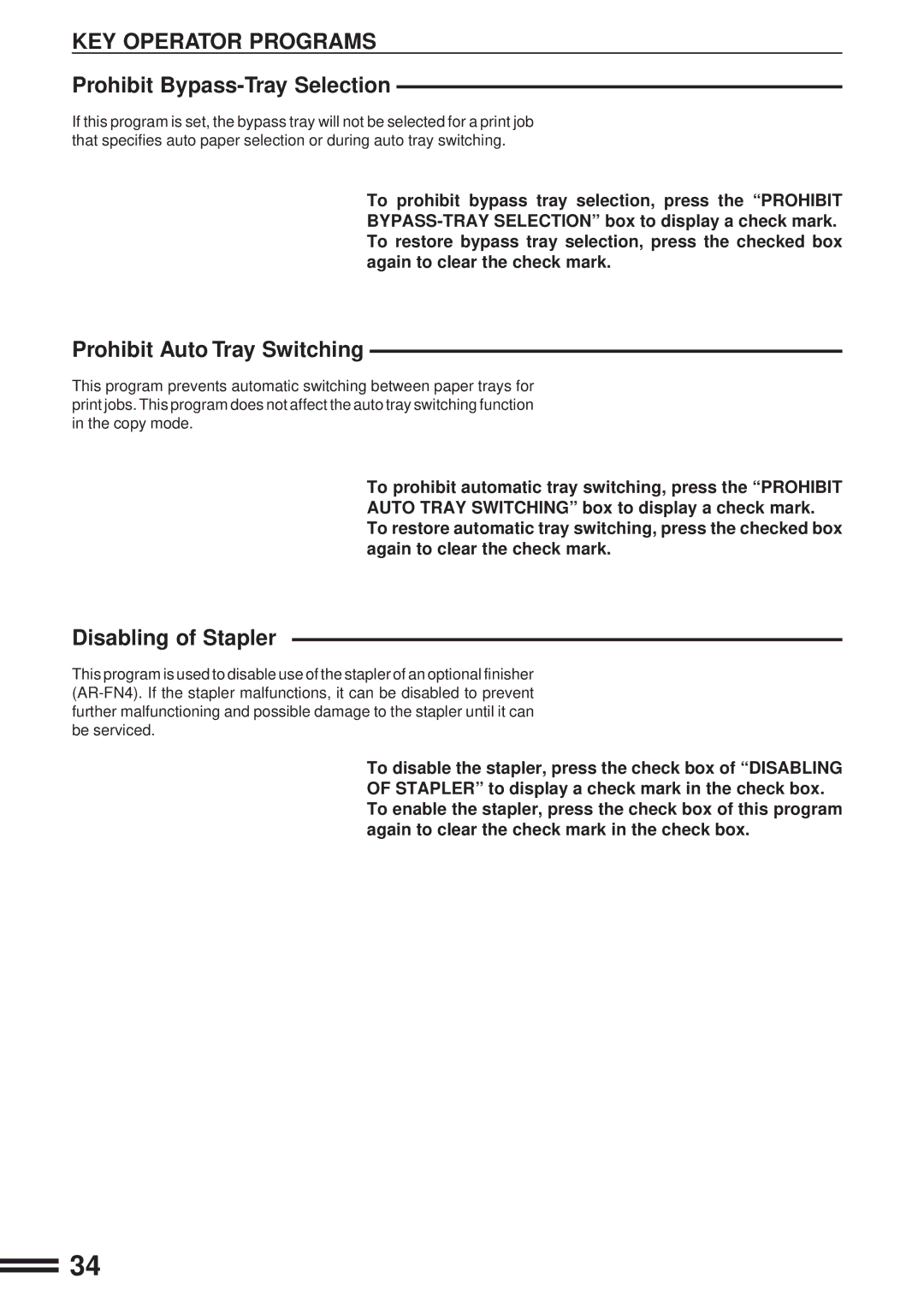 Sharp AR-C160 manual Prohibit Bypass-Tray Selection, Prohibit Auto Tray Switching 