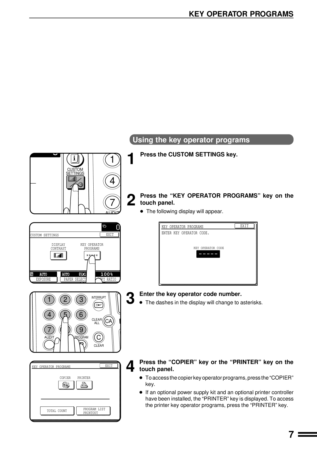 Sharp AR-C160 manual Using the key operator programs, Enter the key operator code number 