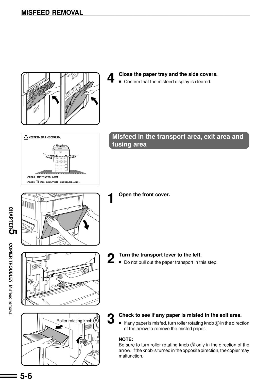 Sharp AR-C160 Misfeed in the transport area, exit area and fusing area, Close the paper tray and the side covers 