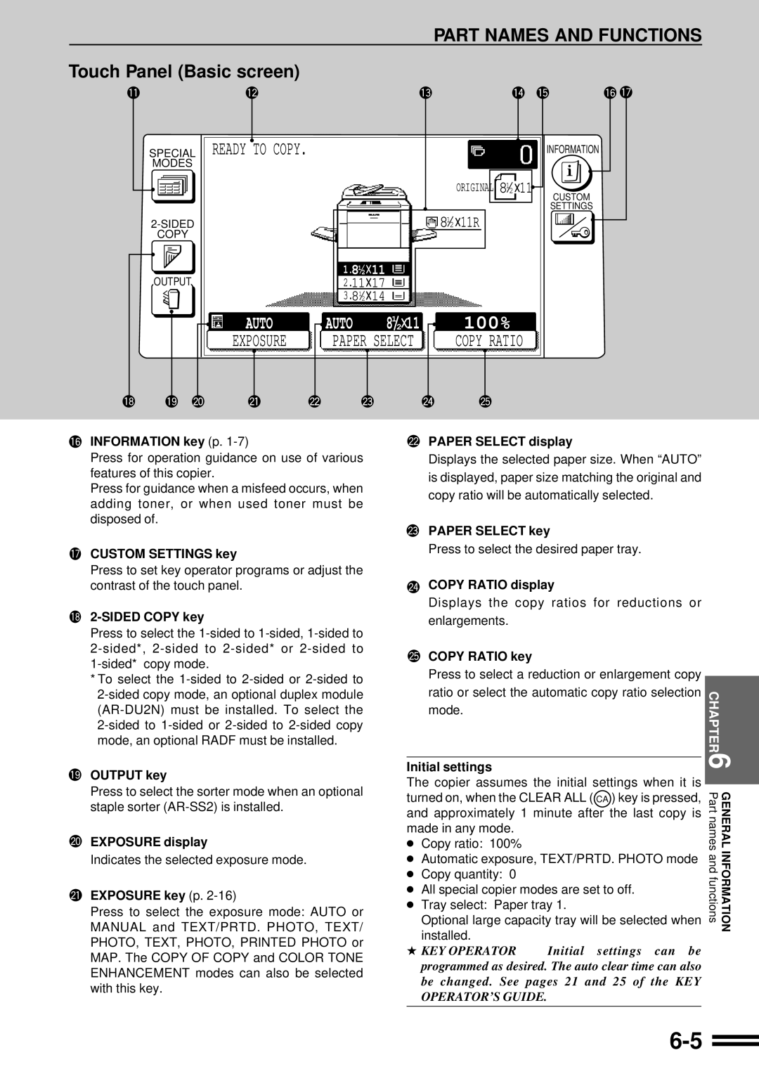 Sharp AR-C160 Information key p, Custom Settings key, Sided Copy key, Output key, Exposure display, Exposure key p 