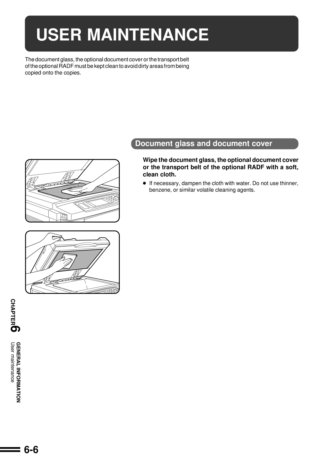 Sharp AR-C160 operation manual User Maintenance, Document glass and document cover 