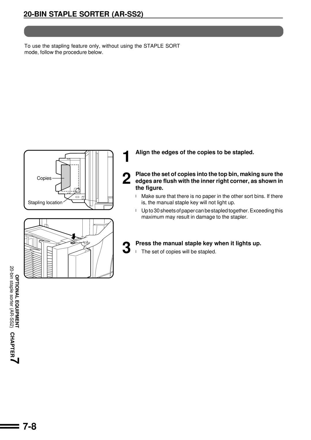 Sharp AR-C160 operation manual Manual stapling, Set of copies will be stapled 