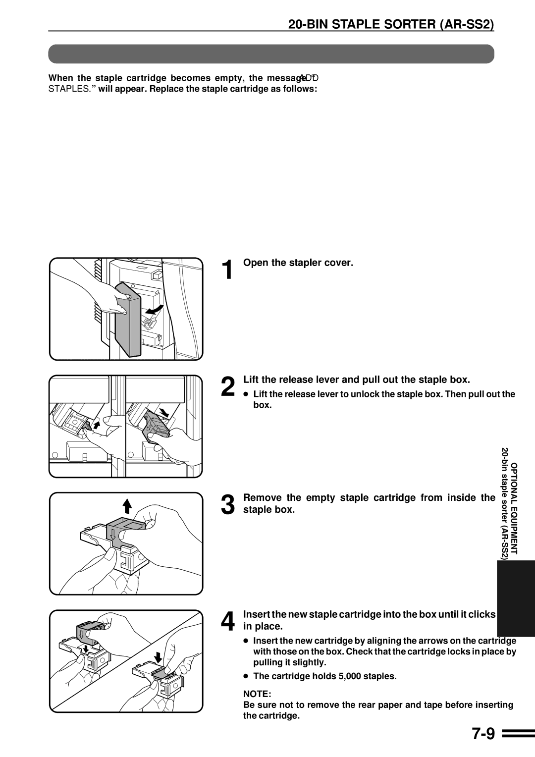 Sharp AR-C160 operation manual Staple cartridge replacement, Remove the empty staple cartridge from inside Staple box 