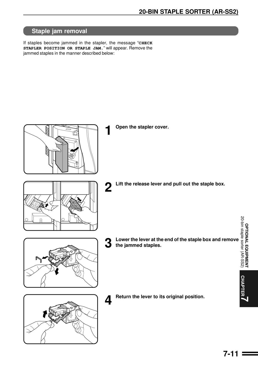 Sharp AR-C160 operation manual Staple jam removal, Return the lever to its original position 