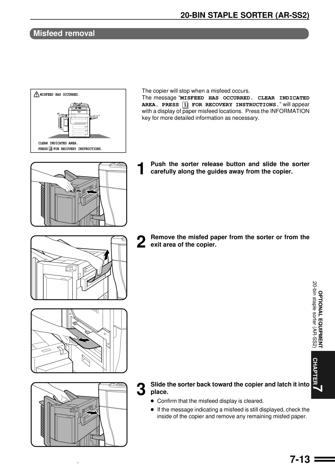 Sharp AR-C160 operation manual Misfeed removal, Copier will stop when a misfeed occurs 