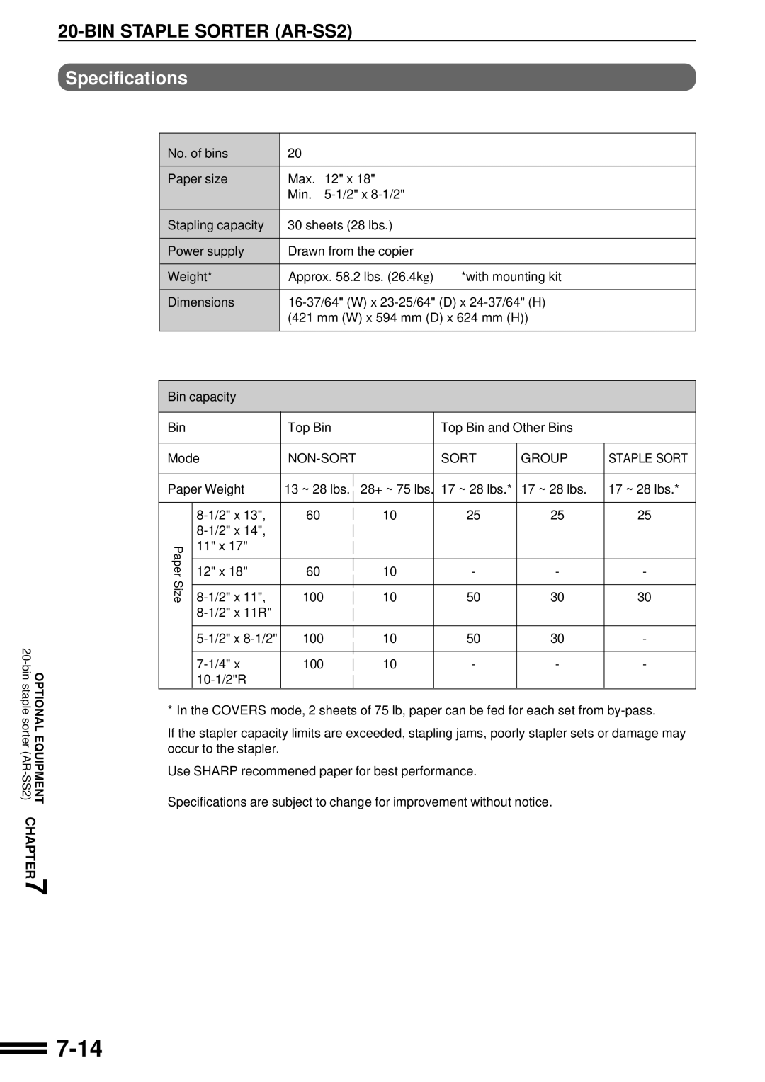 Sharp AR-C160 operation manual Specifications, Paper Weight 13 ~ 28 lbs, 17 ~ 28 lbs 2 x, 11 x 12 x 