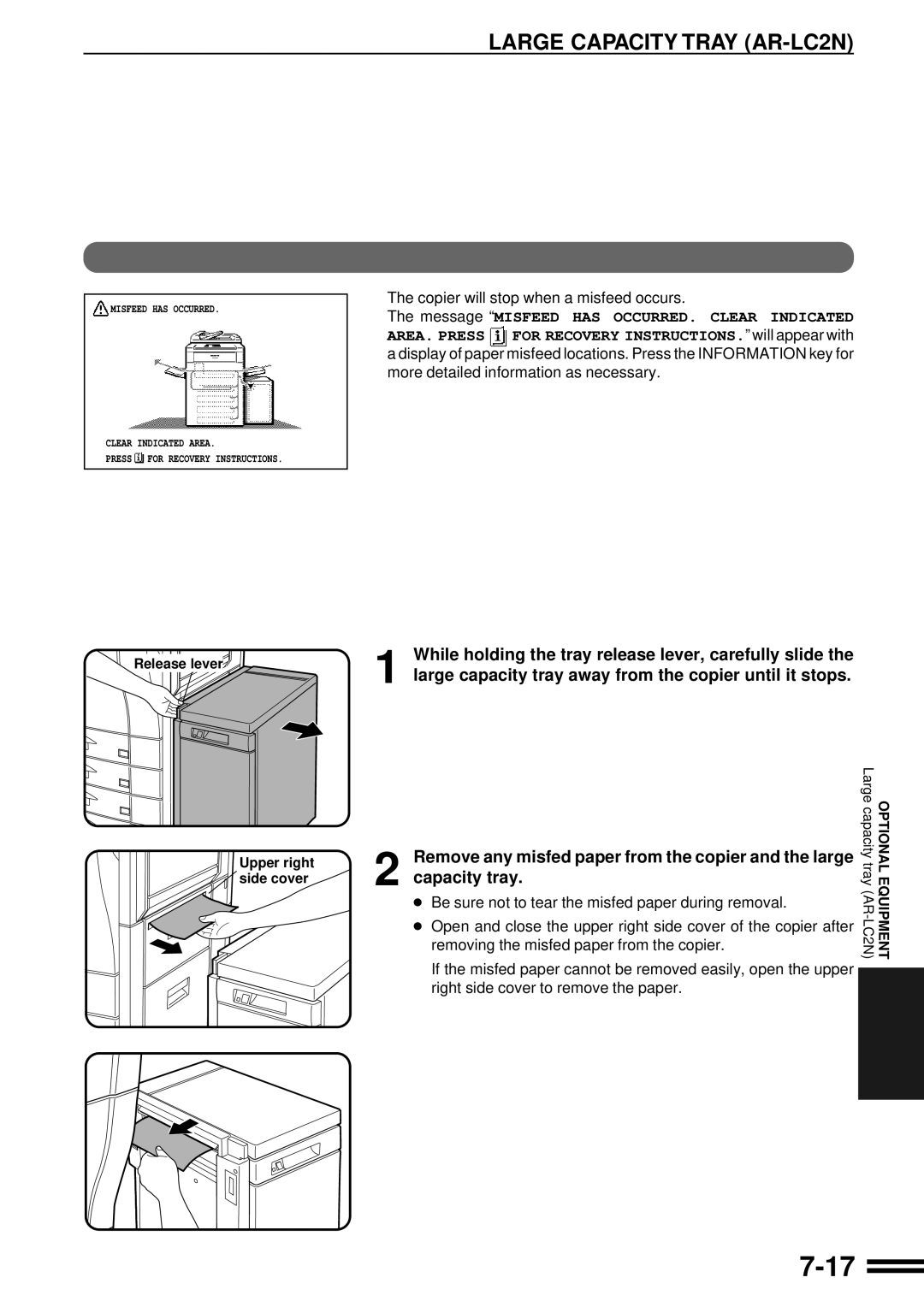 Sharp AR-C160 operation manual Capacity tray, Remove any misfed paper from the copier and the large 