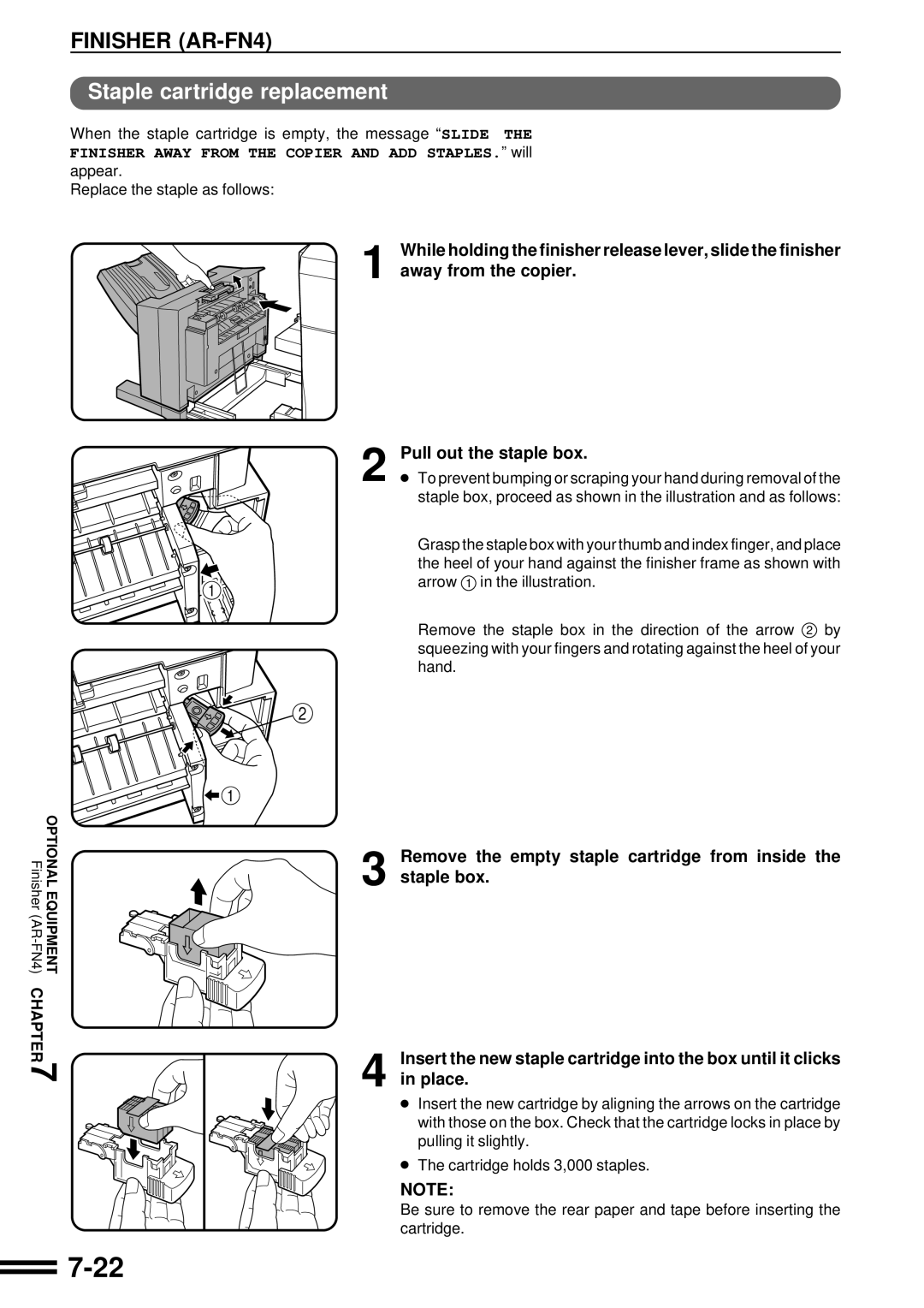 Sharp AR-C160 operation manual When the staple cartridge is empty, the message Slide, Replace the staple as follows 