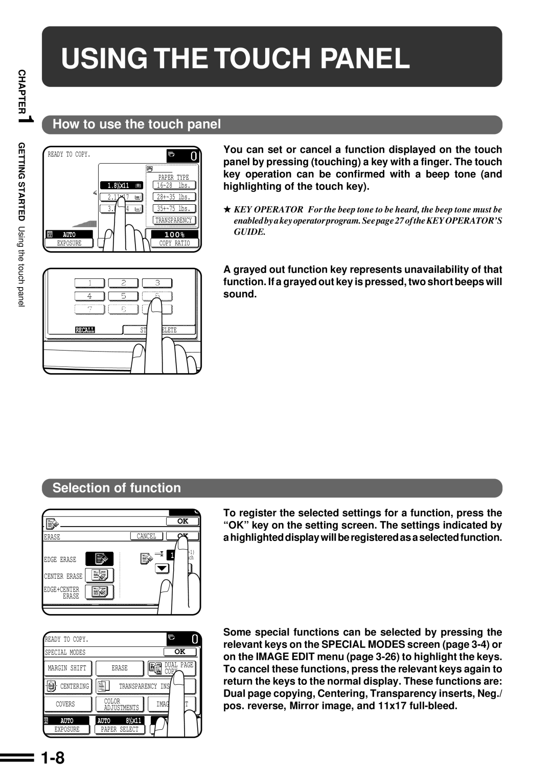 Sharp AR-C160 operation manual Using the Touch Panel, How to use the touch panel, Selection of function 