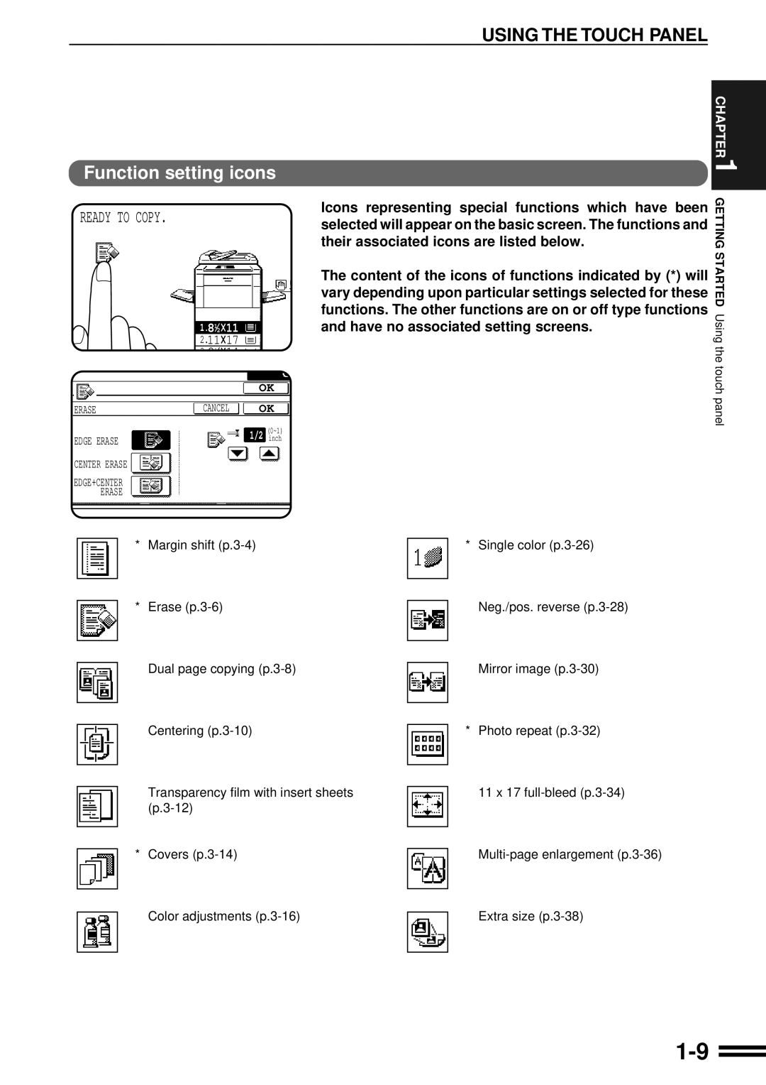 Sharp AR-C160 operation manual Using the Touch Panel, Function setting icons 