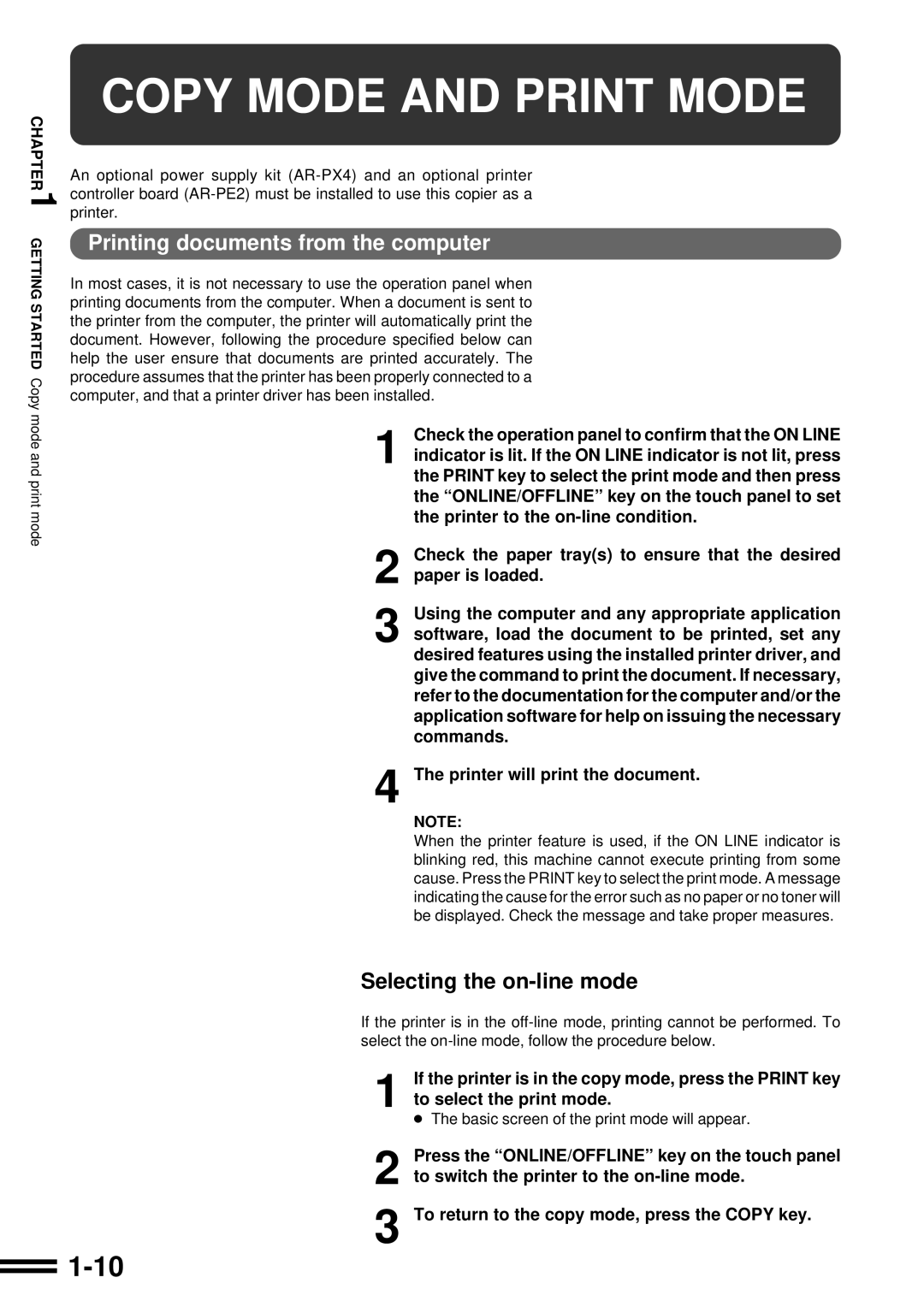 Sharp AR-C160 Copy Mode and Print Mode, Printing documents from the computer, Basic screen of the print mode will appear 