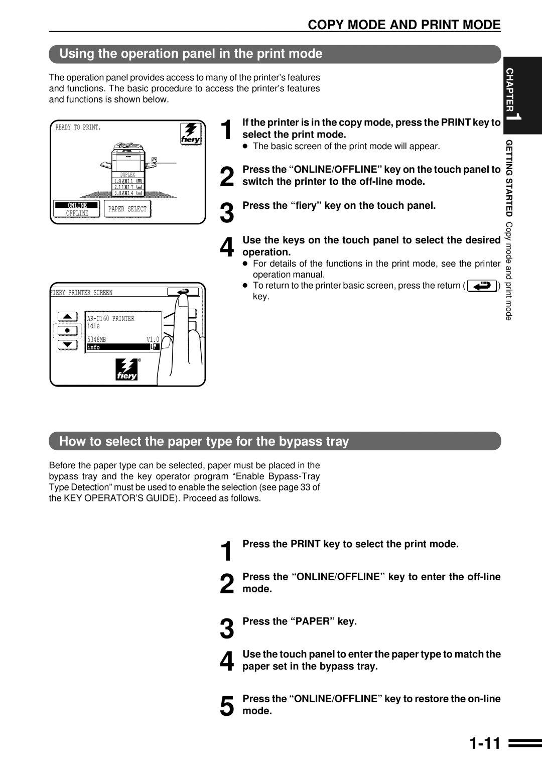 Sharp AR-C160 operation manual Copy Mode and Print Mode, Using the operation panel in the print mode 