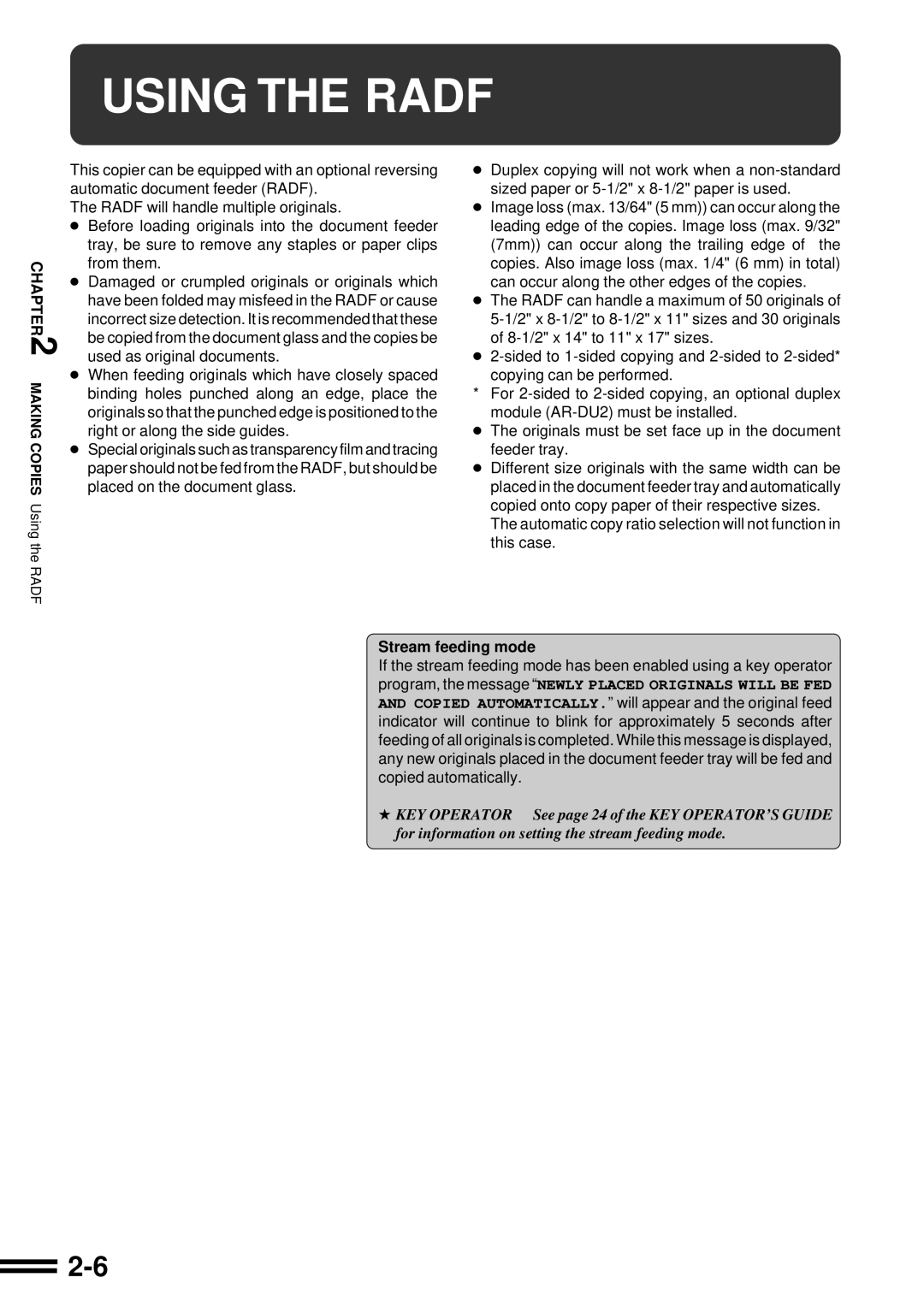 Sharp AR-C160 operation manual Using the Radf, Stream feeding mode 