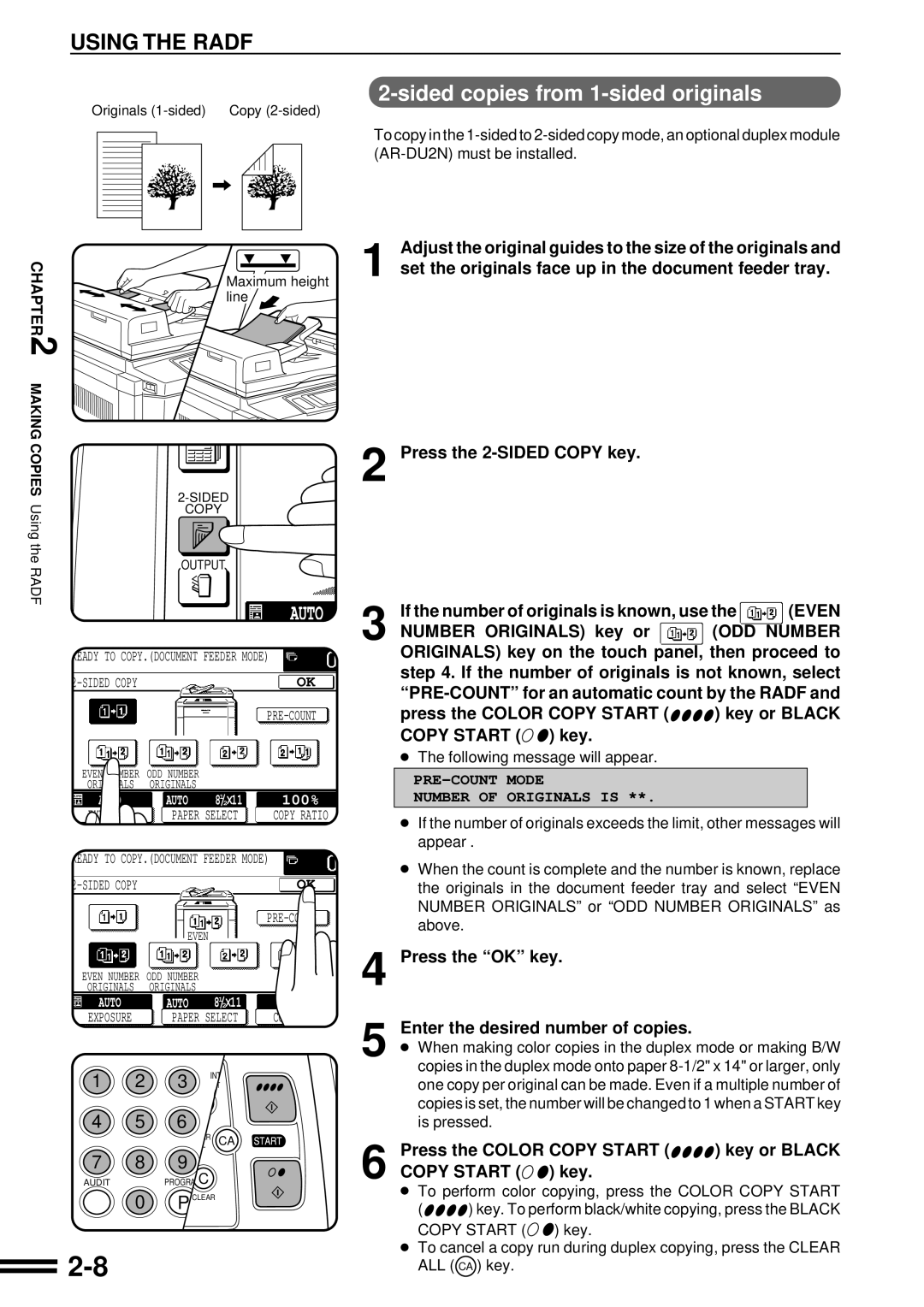 Sharp AR-C160 operation manual Number Originals key or, Originals key on the touch panel, then proceed to 