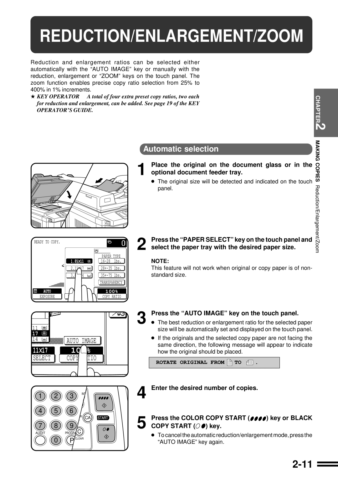 Sharp AR-C160 operation manual Reduction/Enlargement/Zoom, Automatic selection, Optional document feeder tray 