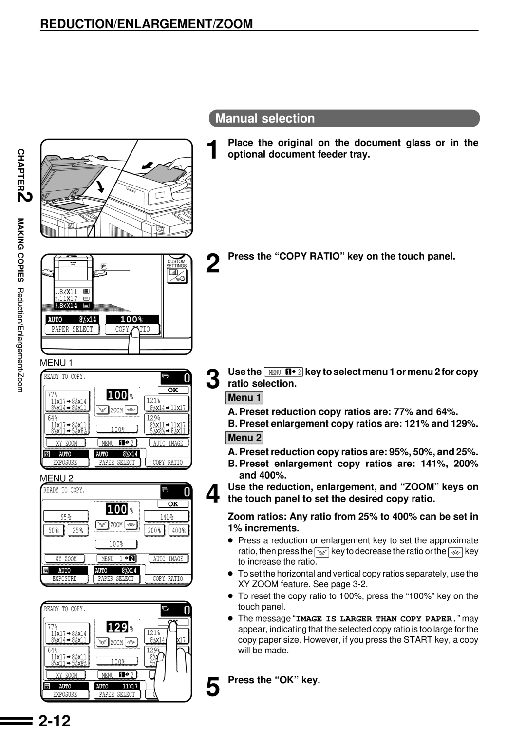 Sharp AR-C160 operation manual Reduction/Enlargement/Zoom, Manual selection 