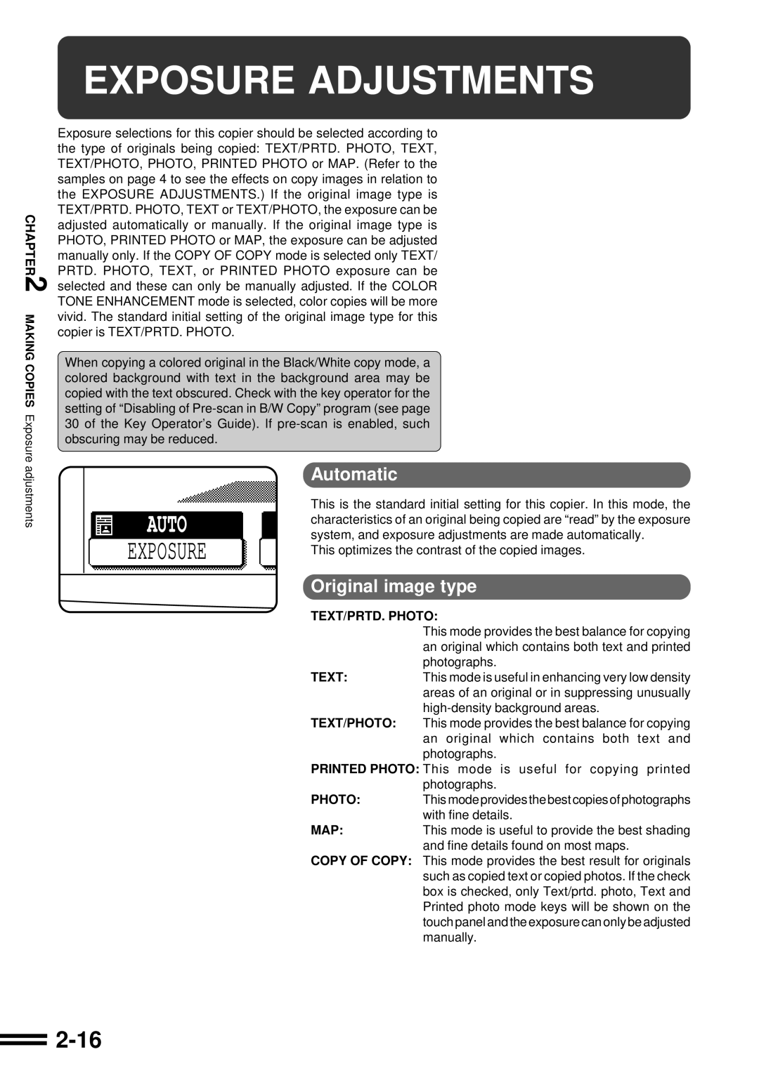 Sharp AR-C160 operation manual Exposure Adjustments, Automatic, Original image type 