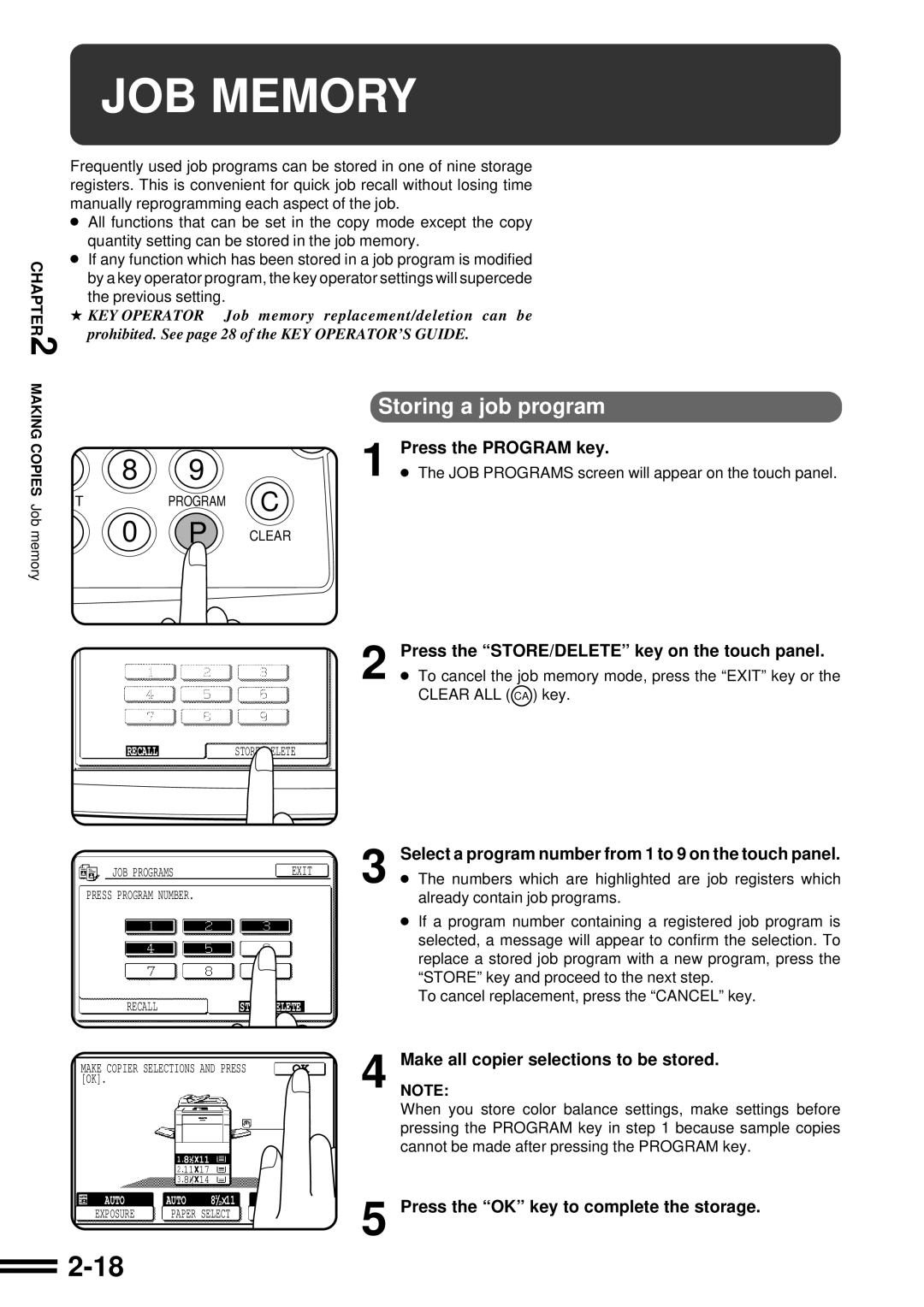 Sharp AR-C160 operation manual JOB Memory, Storing a job program 