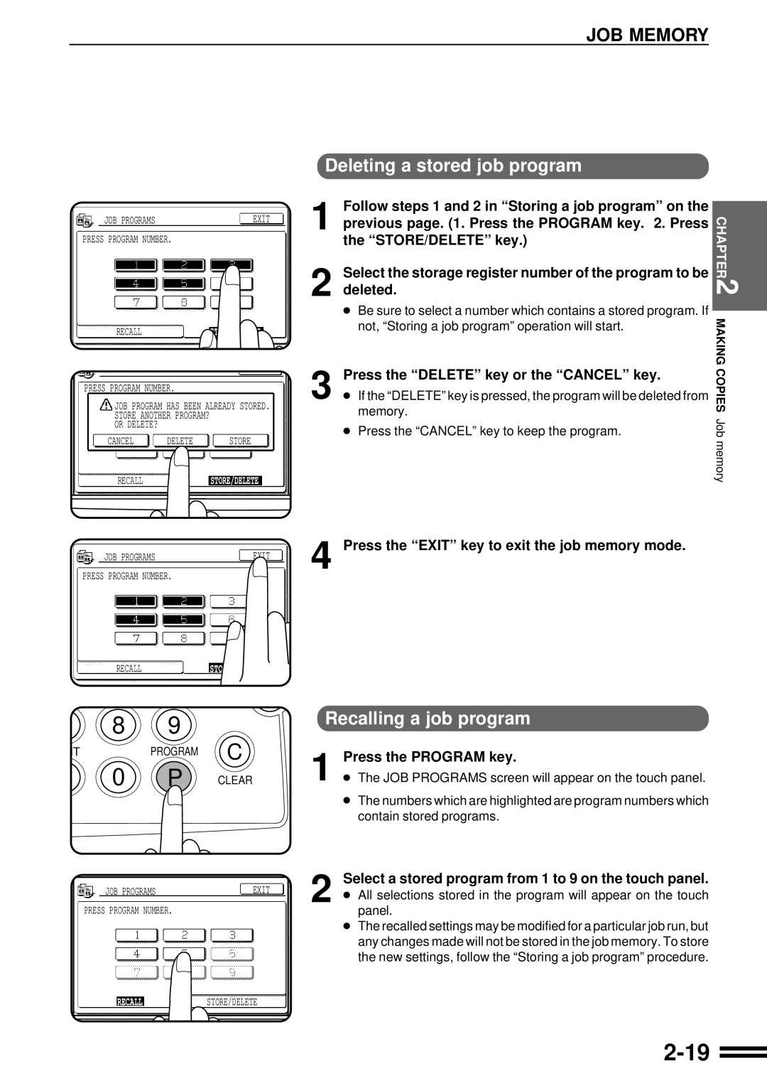 Sharp AR-C160 operation manual JOB Memory, Deleting a stored job program, Recalling a job program 