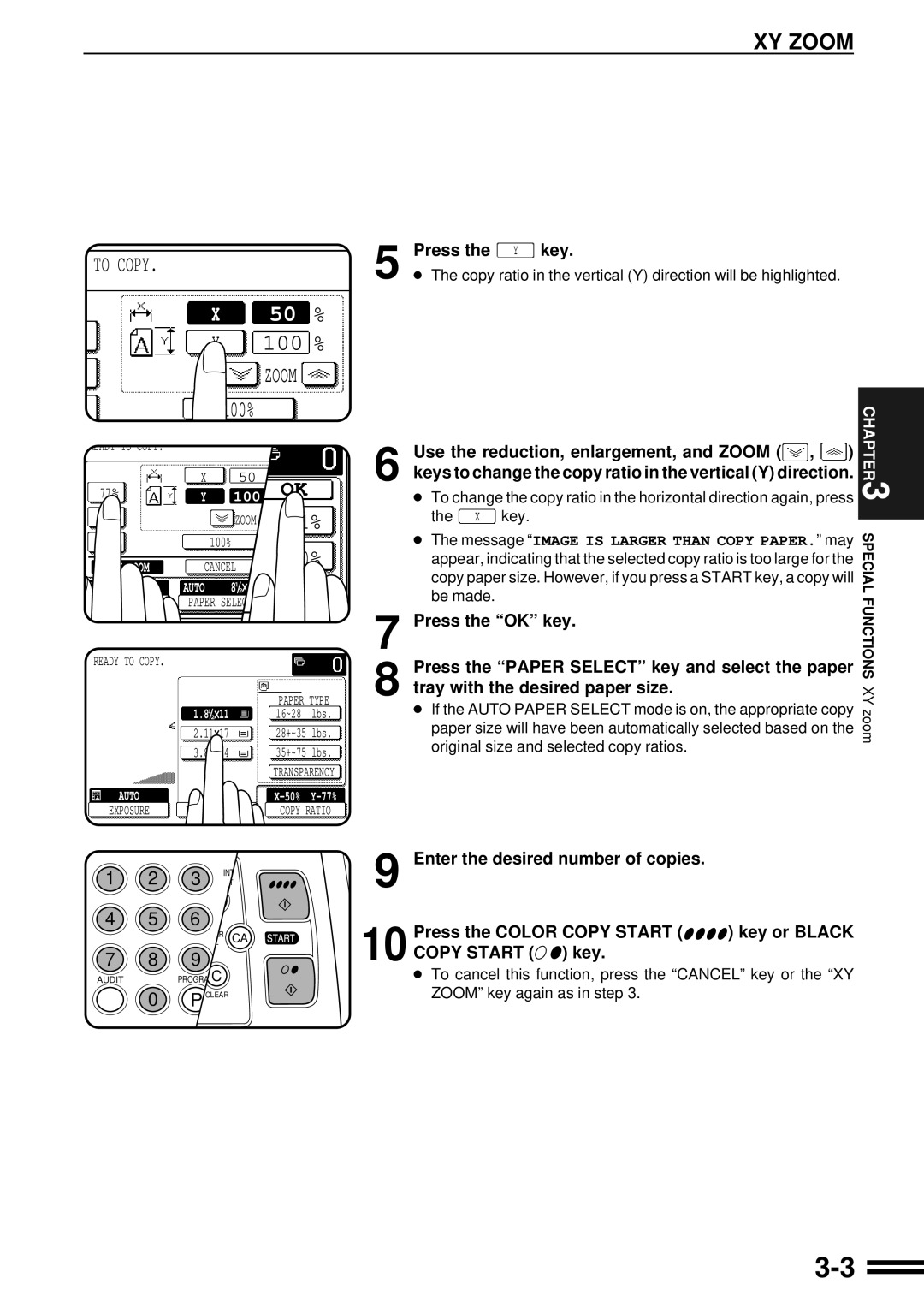 Sharp AR-C160 operation manual XY Zoom, Press the Y key, Copy ratio in the vertical Y direction will be highlighted 