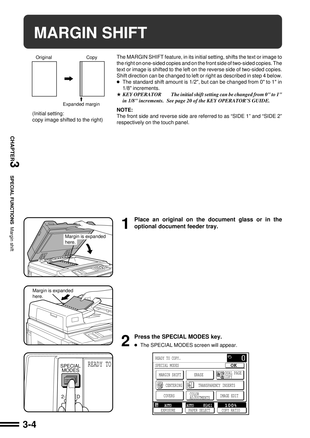 Sharp AR-C160 operation manual Margin Shift, Press the Special Modes key, Special Modes screen will appear 