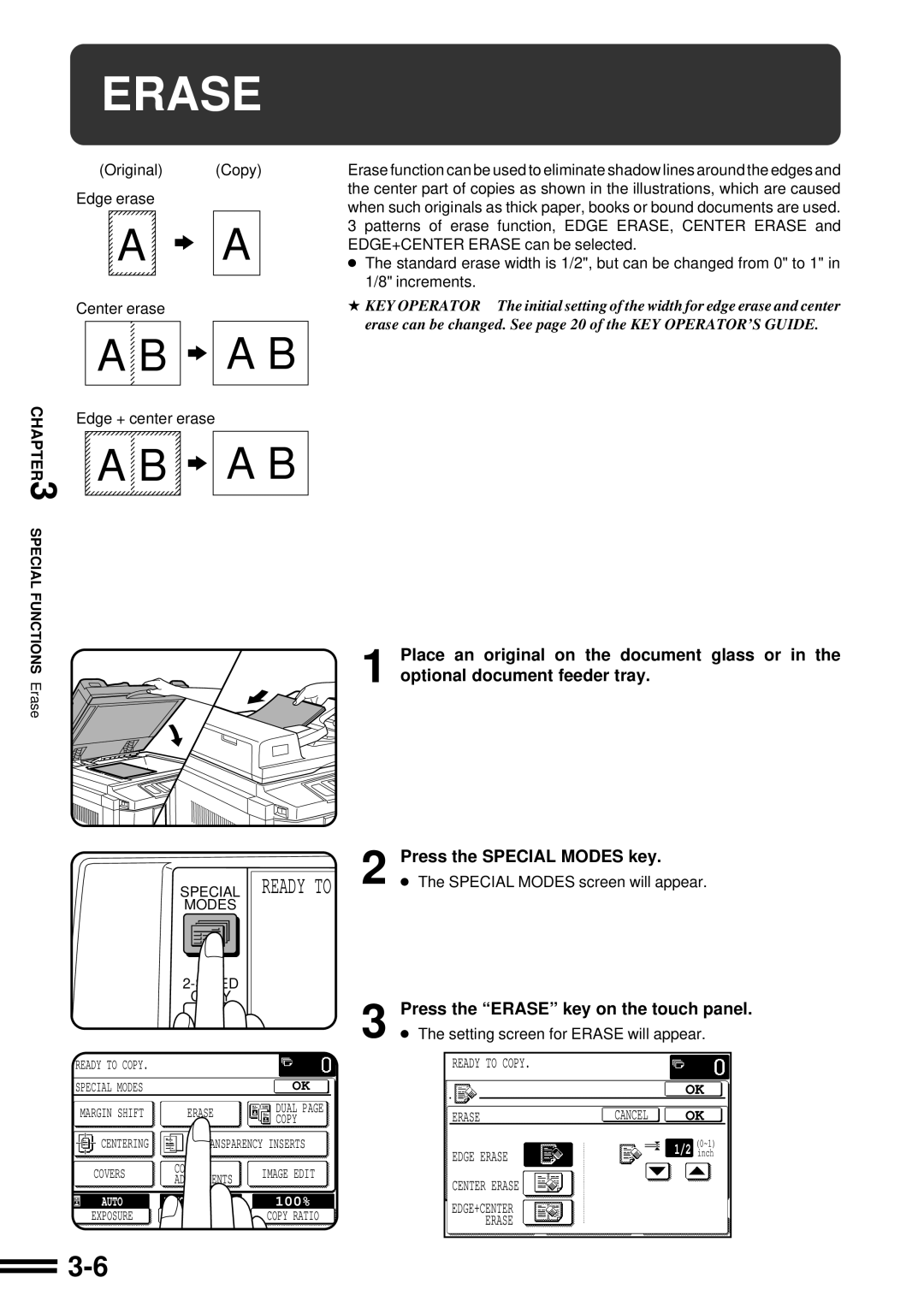 Sharp AR-C160 Edge + center erase, Press the Erase key on the touch panel, Setting screen for Erase will appear 