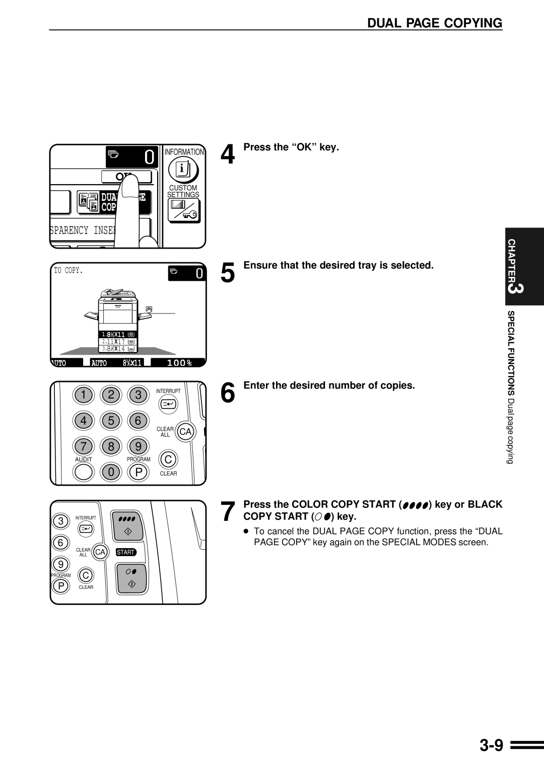 Sharp AR-C160 operation manual Dual page Copying, Information 4 Press the OK key, Ensure that the desired tray is selected 