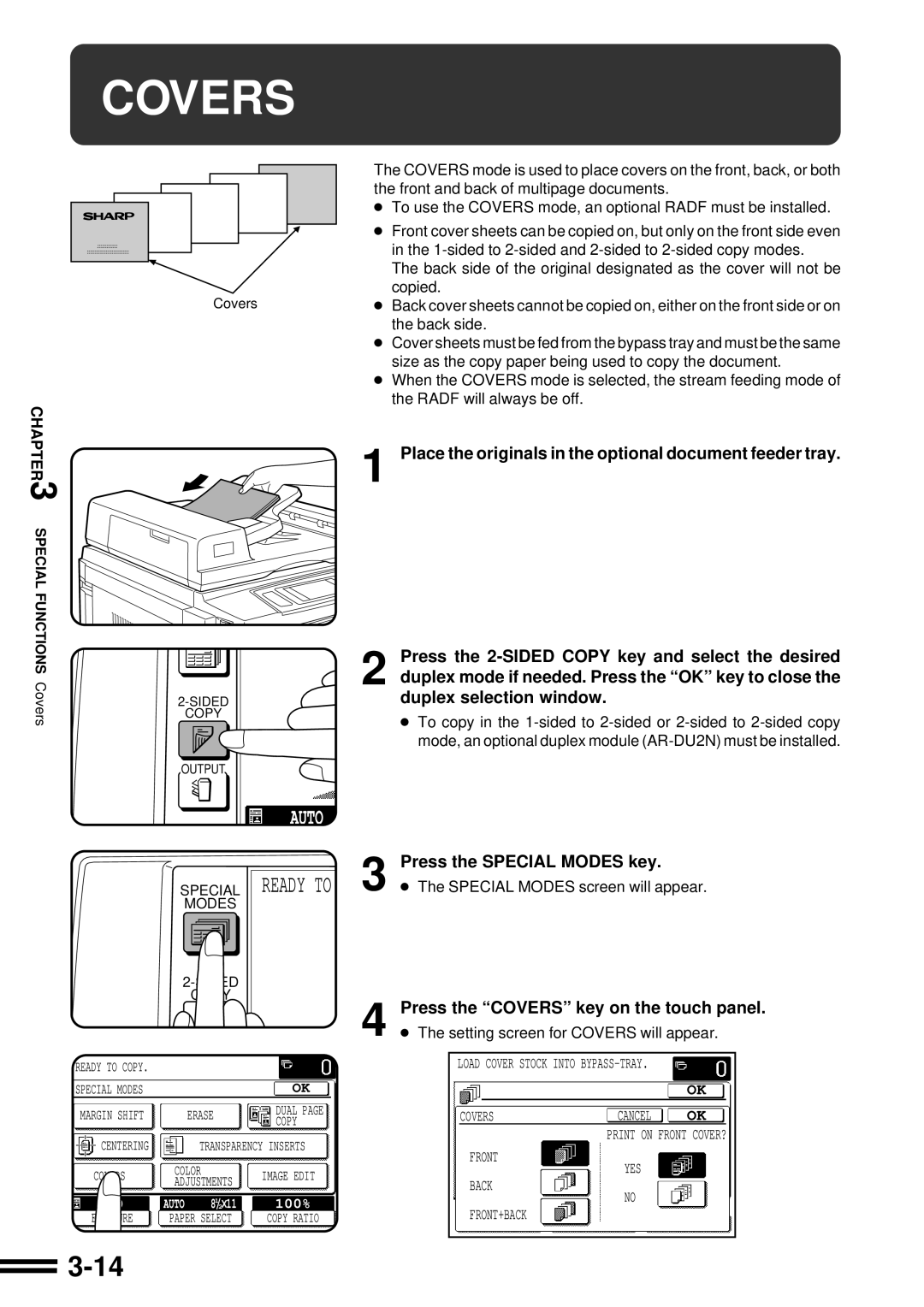 Sharp AR-C160 operation manual Covers, Press the 2-SIDED Copy key and select the desired, Duplex selection window 