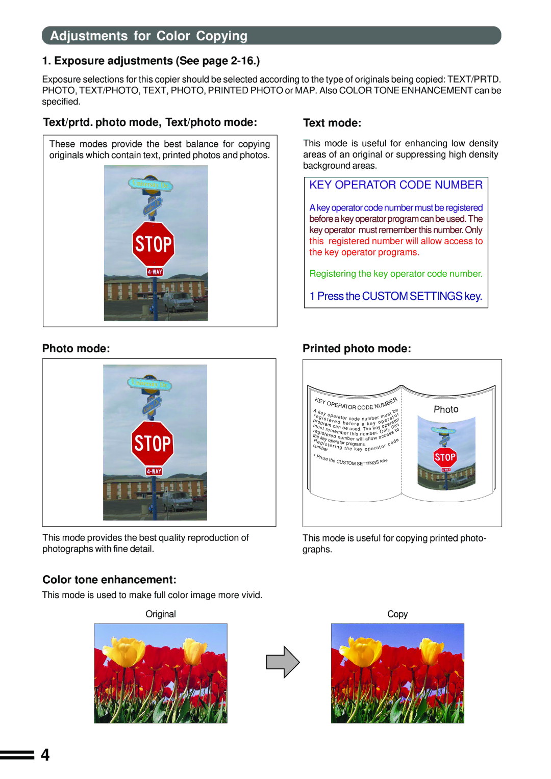 Sharp AR-C160 operation manual Adjustments for Color Copying, Printed photo mode 