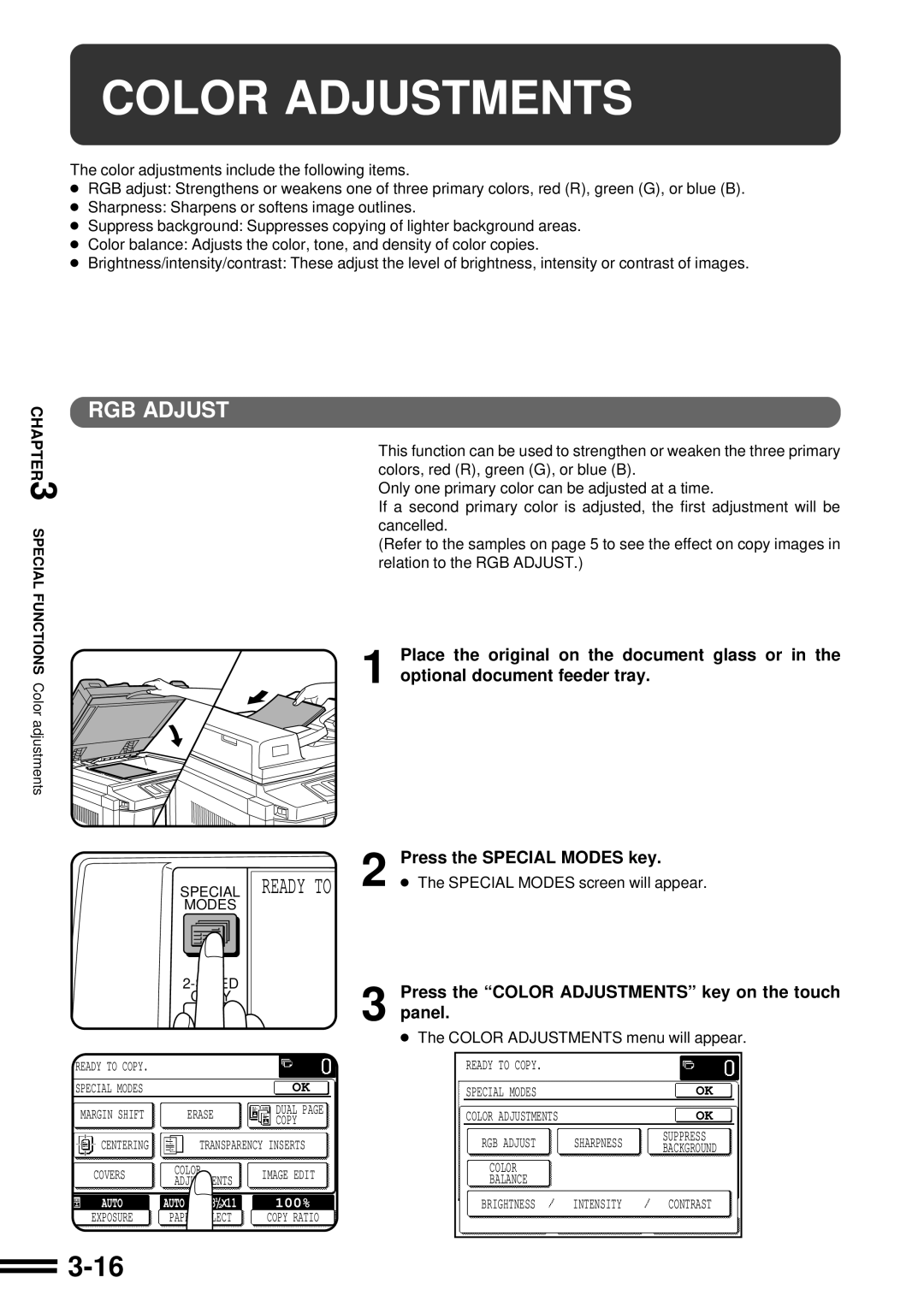 Sharp AR-C160 operation manual Color Adjustments menu will appear 