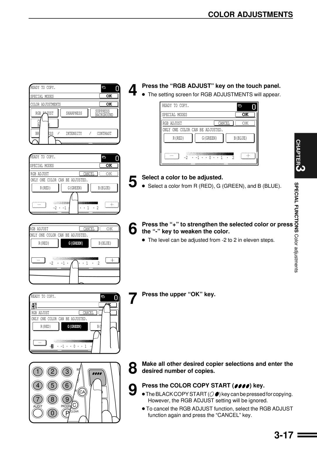 Sharp AR-C160 Color Adjustments, Press the RGB Adjust key on the touch panel, Select a color to be adjusted 