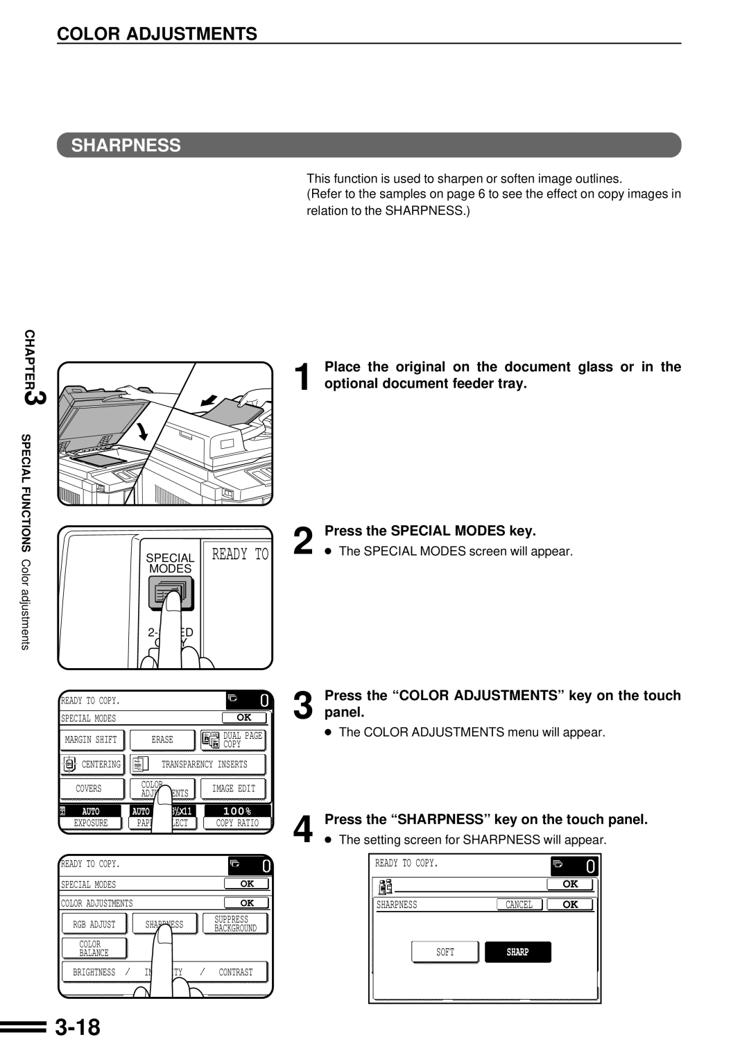 Sharp AR-C160 operation manual Press the Sharpness key on the touch panel, Setting screen for Sharpness will appear 