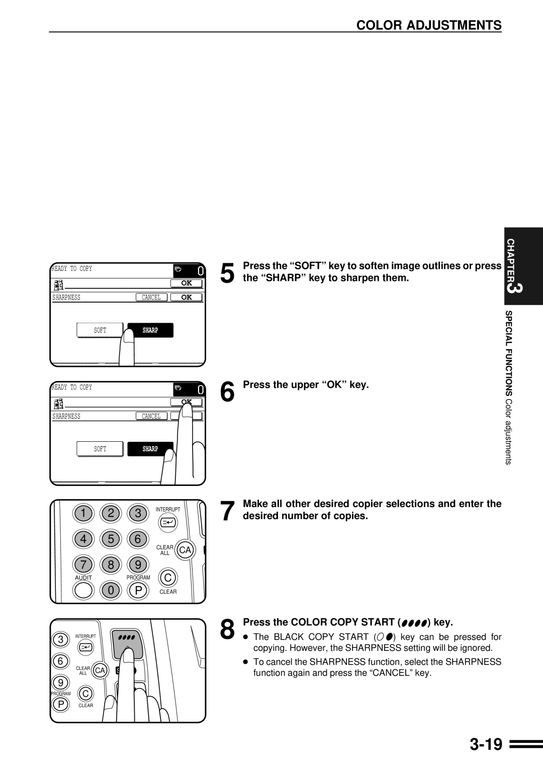 Sharp AR-C160 operation manual Press the upper OK key.SPECIALFUNCTIONS Coloradjustments 