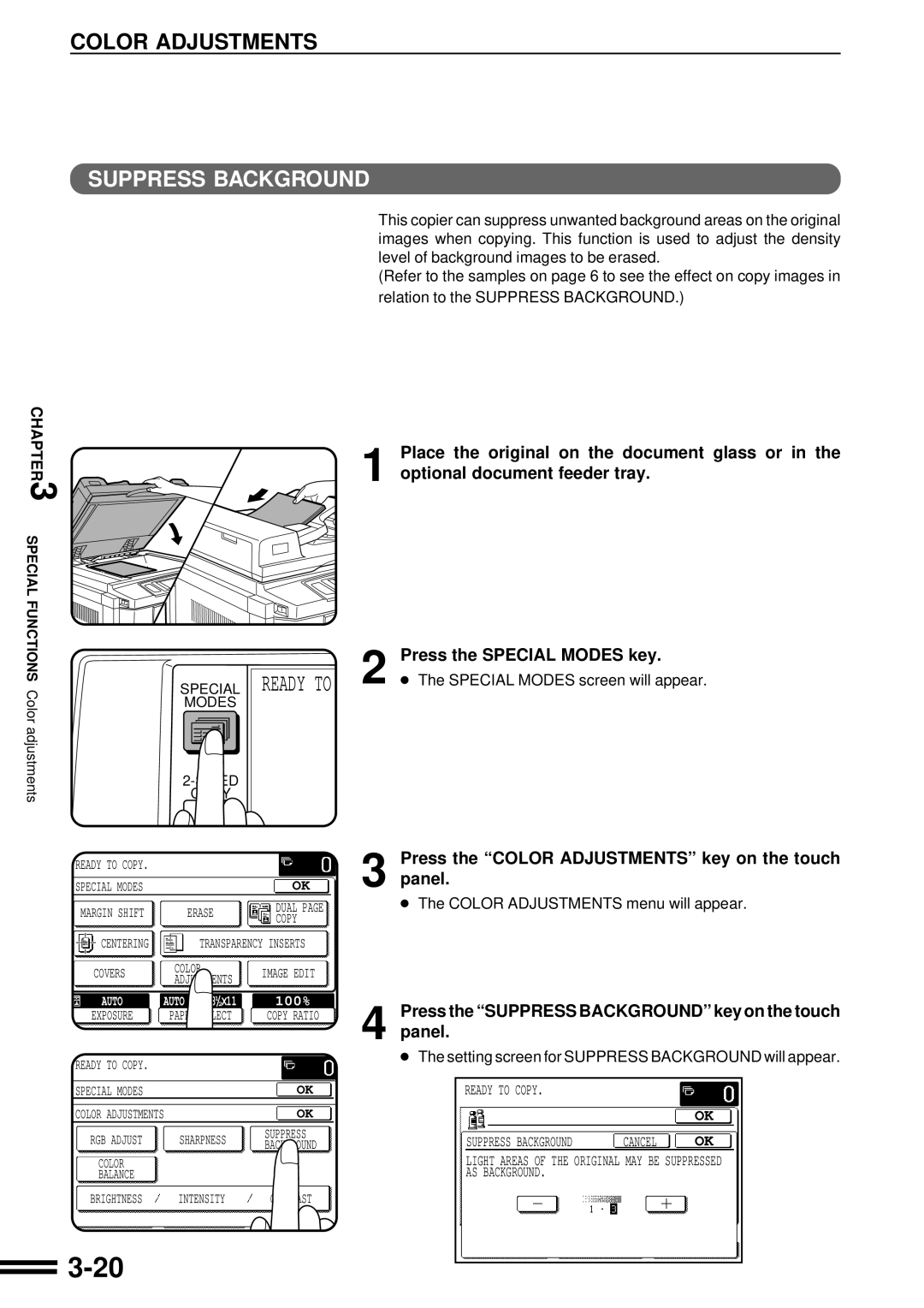 Sharp AR-C160 Press the Suppress Background key on the touch, Setting screen for Suppress Background will appear 