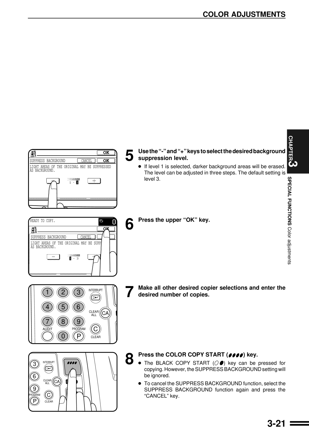 Sharp AR-C160 operation manual Suppression level, Use the and + keys to select the desired background, Level 