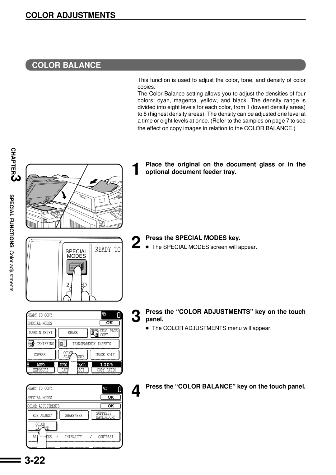 Sharp AR-C160 operation manual Press the Color Balance key on the touch panel 