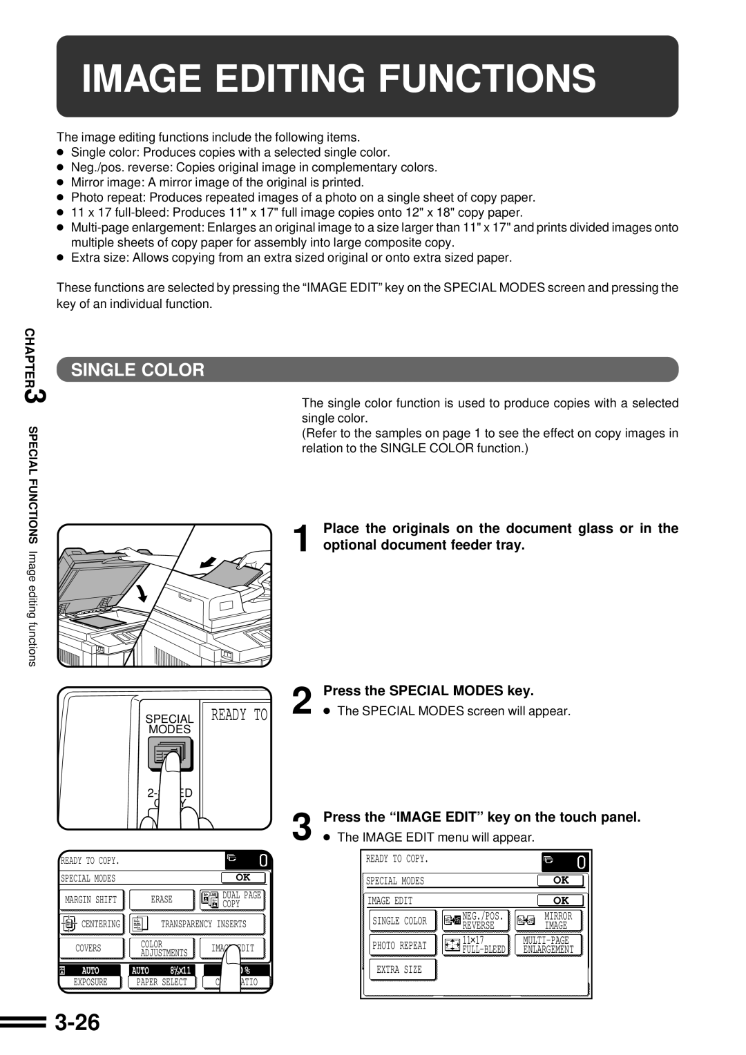 Sharp AR-C160 Image Editing Functions, Press the Image Edit key on the touch panel, Image Edit menu will appear 